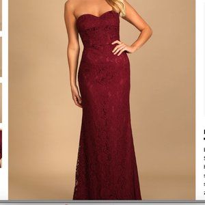 Wow the Crowd Burgundy Lace Strapless Mermaid Maxi Dress